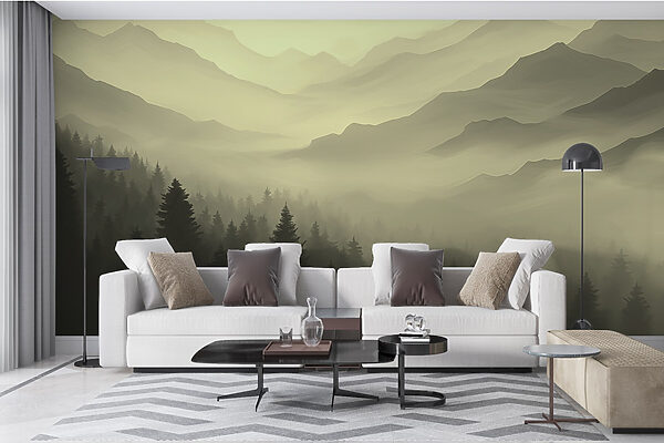 Neblige Berglandschaft mit Bäumen Neblige Berglandschaft mit Bäumen