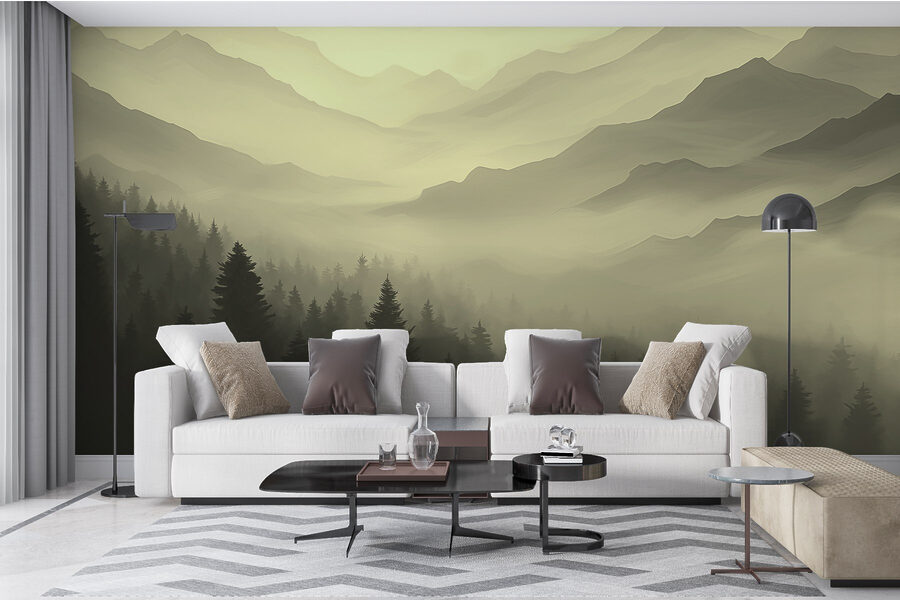 Neblige Berglandschaft mit Bäumen