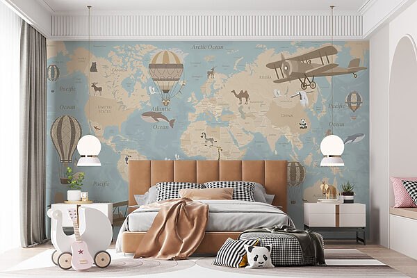 Weltkarte mit Flugzeugen und Heißluftballons Weltkarte mit Flugzeugen und Heißluftballons