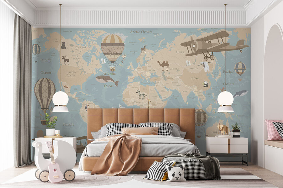 Weltkarte mit Flugzeugen und Heißluftballons