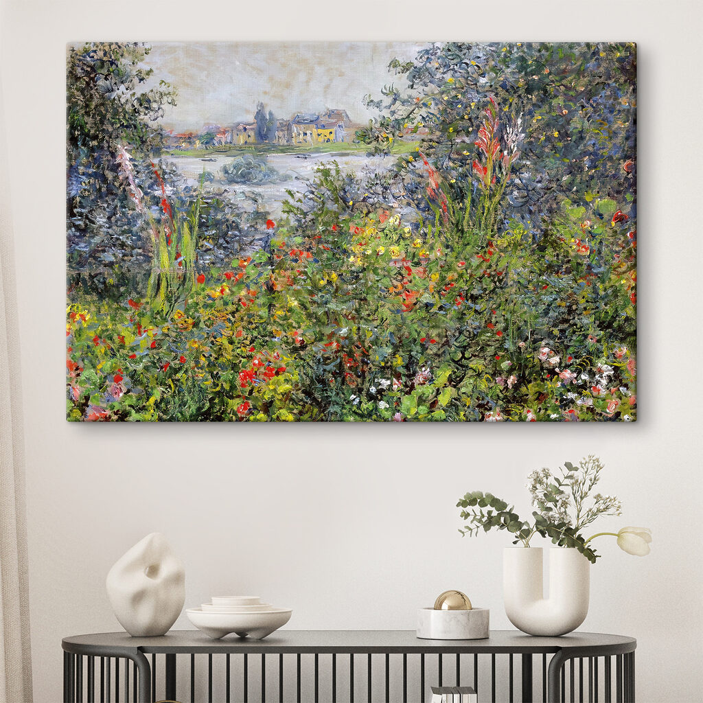 A painting of a garden with flowers and trees A painting of a garden with flowers and trees