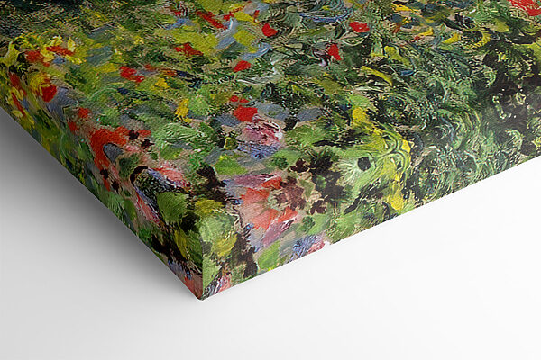 Ein Gemälde eines Gartens mit Blumen und Bäumen Ein Gemälde eines Gartens mit Blumen und Bäumen
