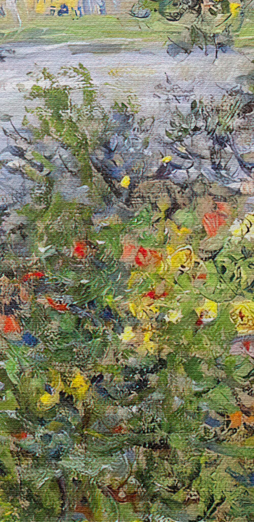 A painting of a garden with flowers and trees A painting of a garden with flowers and trees
