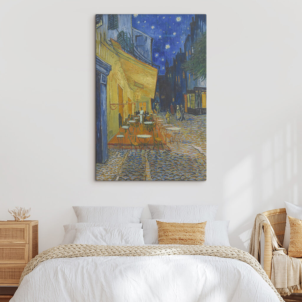 A painting of a street with tables and chairs A painting of a street with tables and chairs