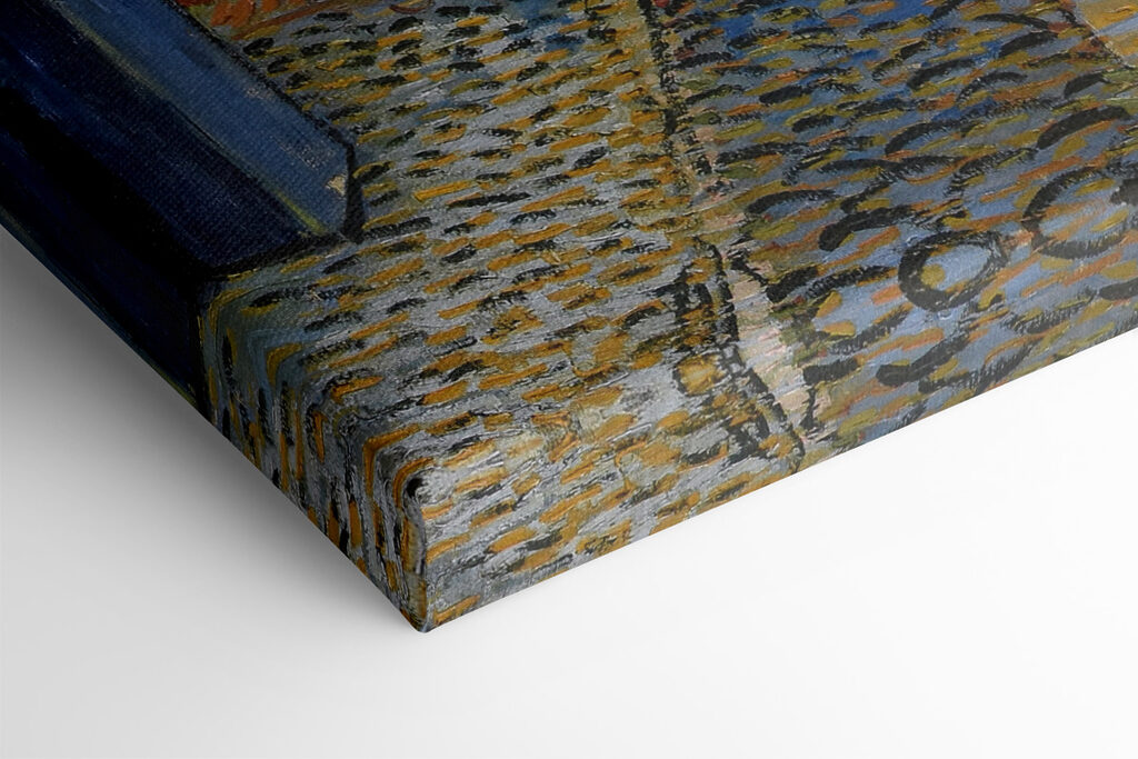 A painting of a street with tables and chairs A painting of a street with tables and chairs