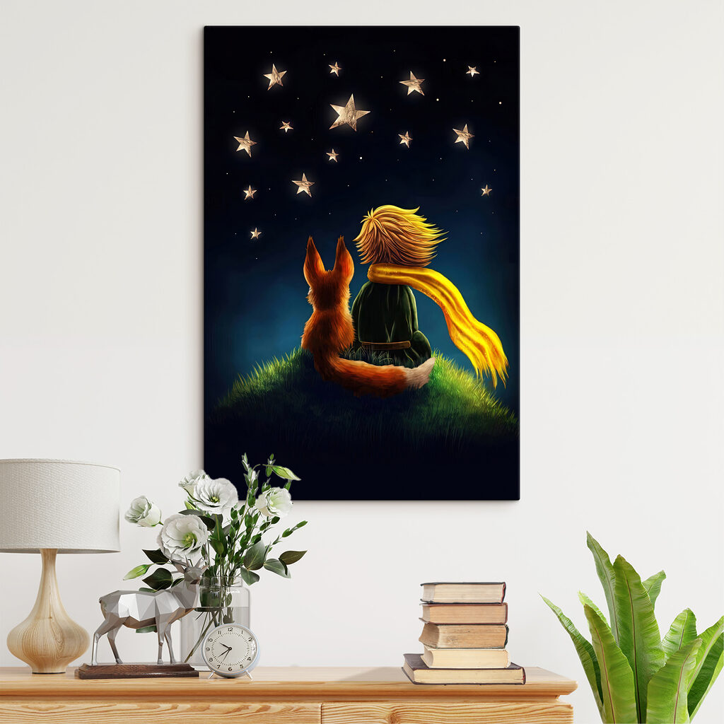 A fox and a little prince looking at stars