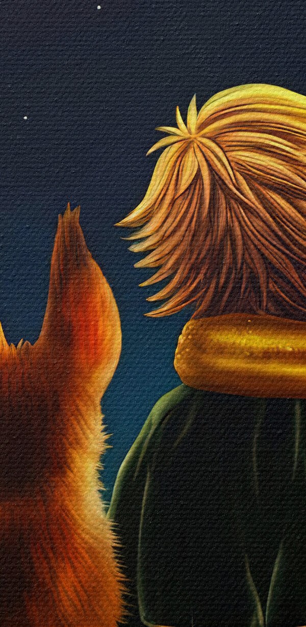 A fox and a little prince looking at stars