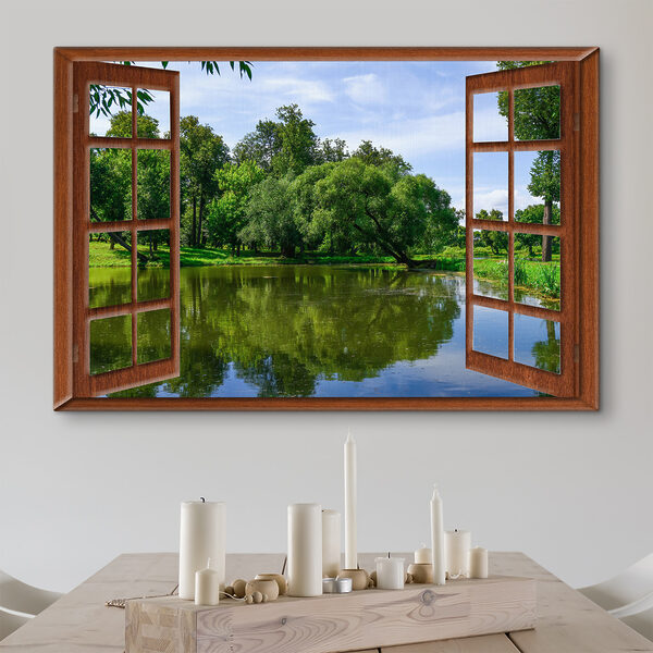 Ein Fenster mit einem See und Bäumen Ein Fenster mit einem See und Bäumen