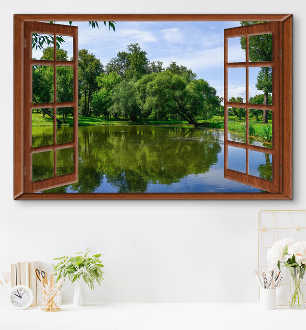 Ein Fenster mit einem See und Bäumen Ein Fenster mit einem See und Bäumen