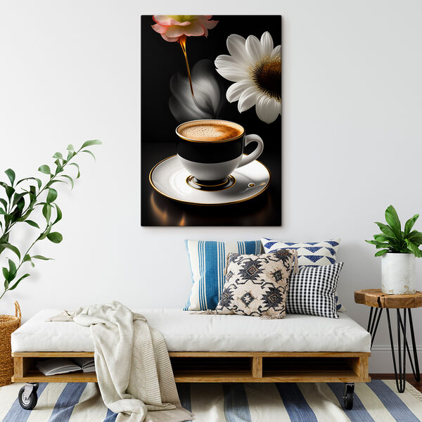 Eine Tasse Kaffee und eine Blume Eine Tasse Kaffee und eine Blume