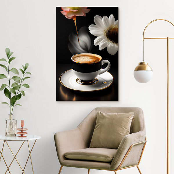 Eine Tasse Kaffee und eine Blume Eine Tasse Kaffee und eine Blume