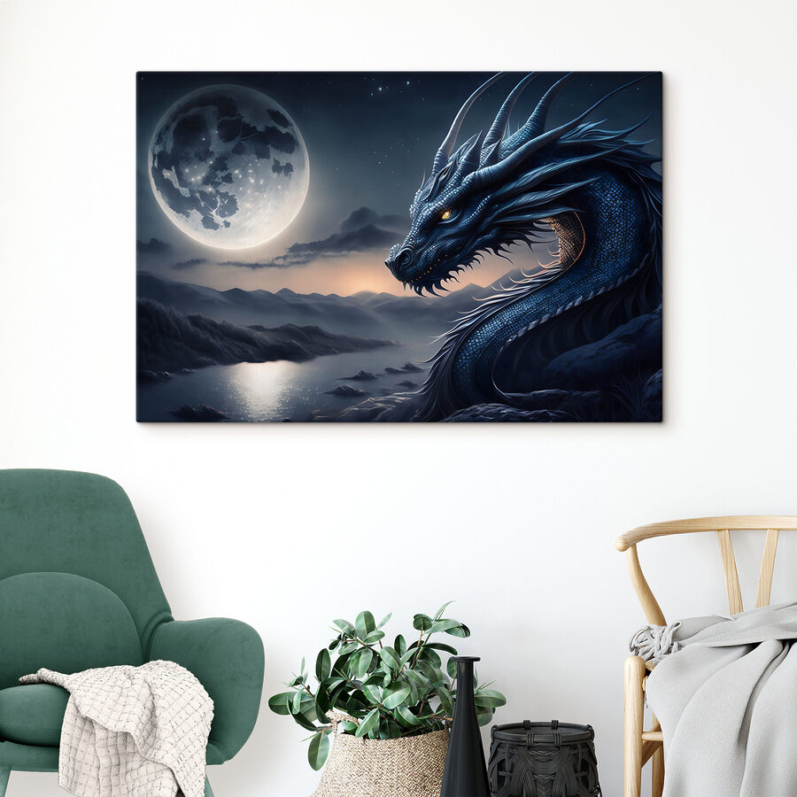 Ein blauer Drache mit einem Mond im Hintergrund Ein blauer Drache mit einem Mond im Hintergrund