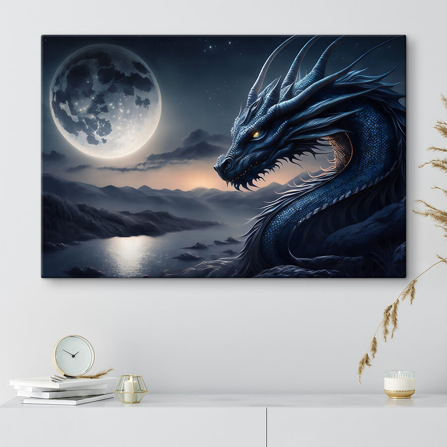 Ein blauer Drache mit einem Mond im Hintergrund Ein blauer Drache mit einem Mond im Hintergrund
