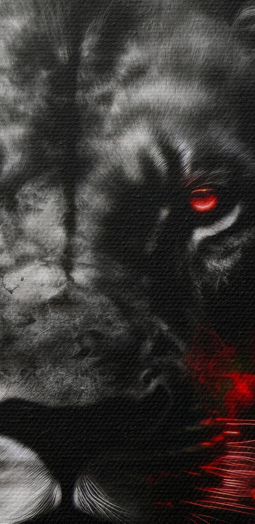 A black lion with red eyes