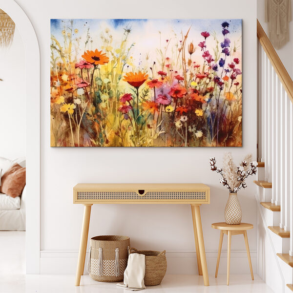 Ein Gemälde mit Blumen auf einem Feld Ein Gemälde mit Blumen auf einem Feld