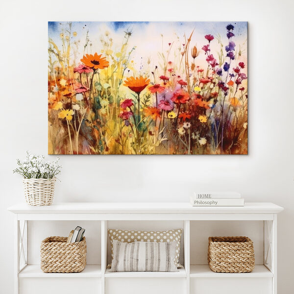 Ein Gemälde mit Blumen auf einem Feld Ein Gemälde mit Blumen auf einem Feld
