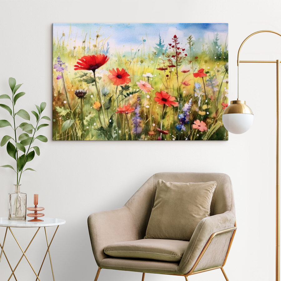 Ein Gemälde mit Blumen auf einem Feld