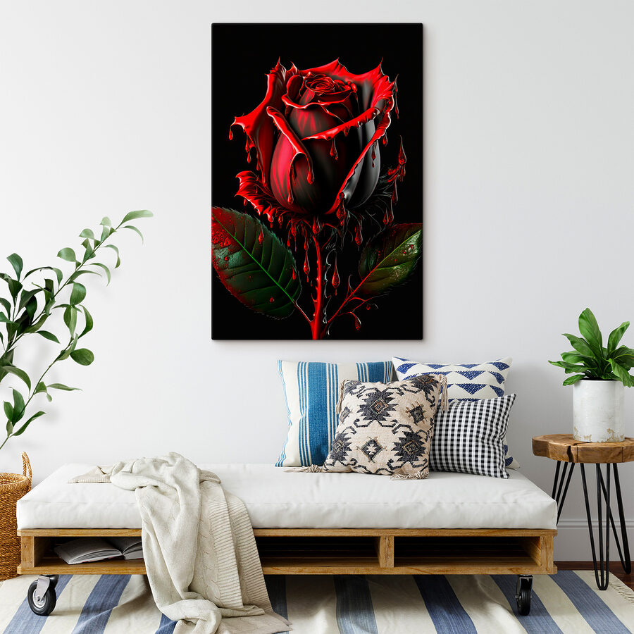 Eine rote Rose mit grünen Blättern und tropfender roter Farbe