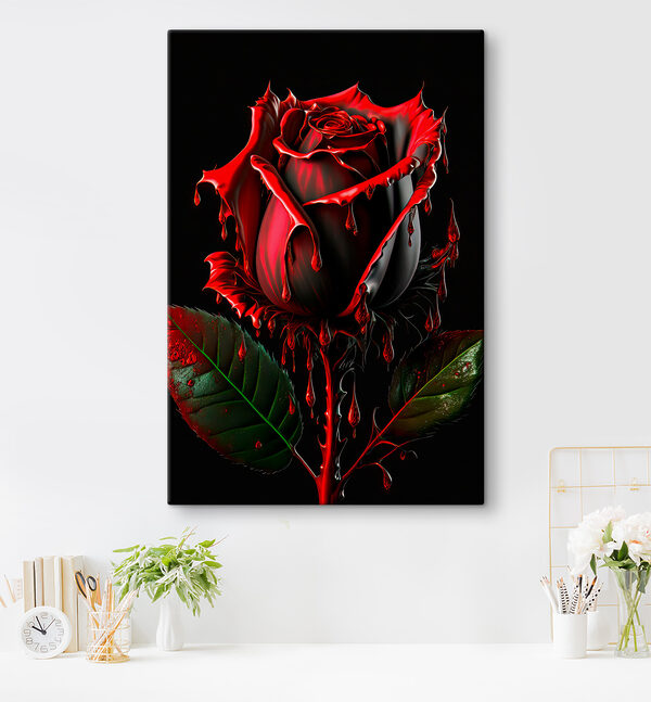 Eine rote Rose mit grünen Blättern und tropfender roter Farbe Eine rote Rose mit grünen Blättern und tropfender roter Farbe