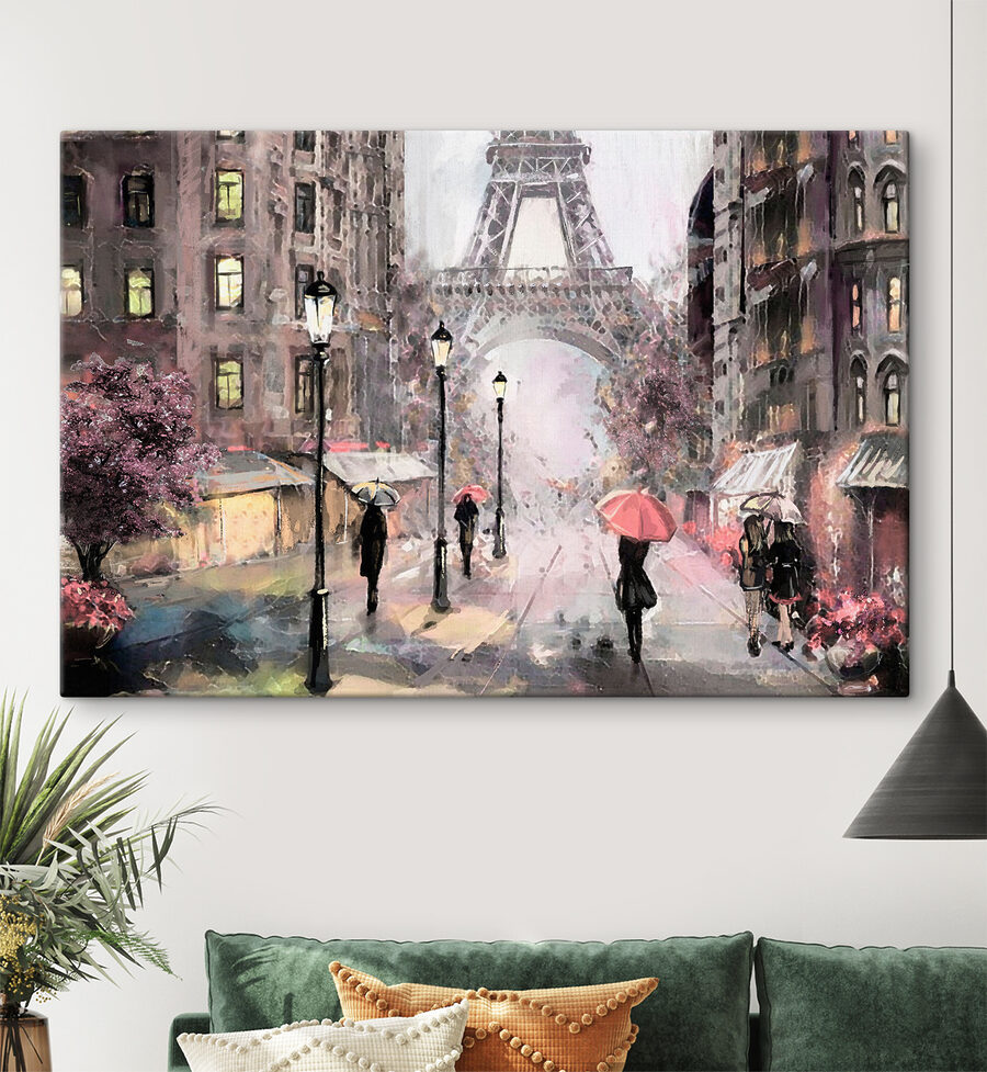 Ein Gemälde von Menschen, die mit Regenschirmen in einer Stadt spazieren gehen Ein Gemälde von Menschen, die mit Regenschirmen in einer Stadt spazieren gehen