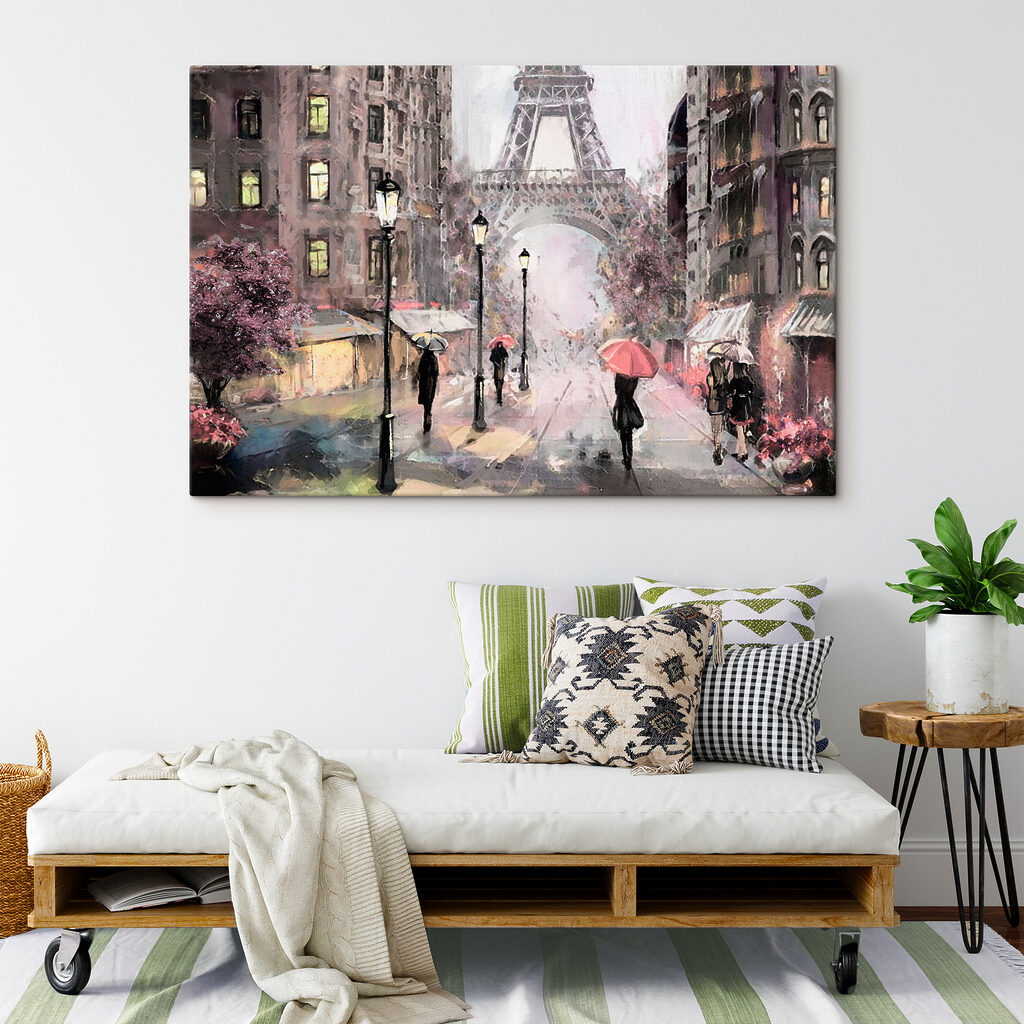 A painting of people walking with umbrellas in a city A painting of people walking with umbrellas in a city