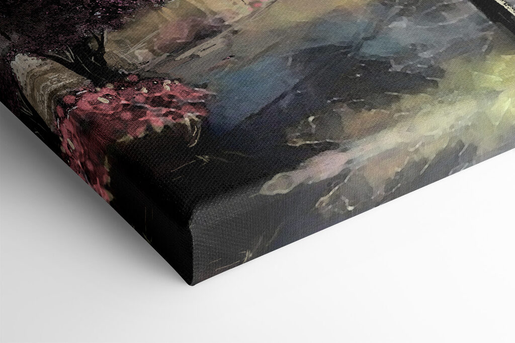 A painting of people walking with umbrellas in a city A painting of people walking with umbrellas in a city