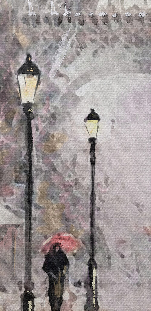 A painting of people walking with umbrellas in a city A painting of people walking with umbrellas in a city