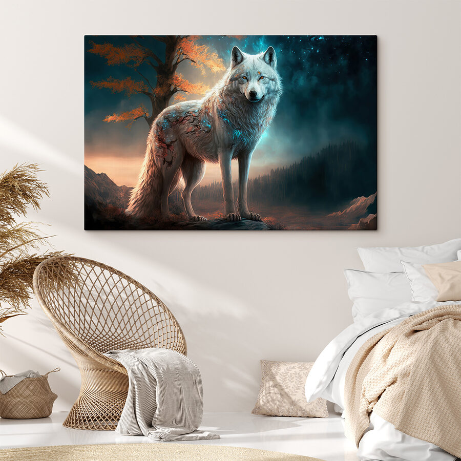Ein weißer Wolf, der auf einem Felsen steht Ein weißer Wolf, der auf einem Felsen steht
