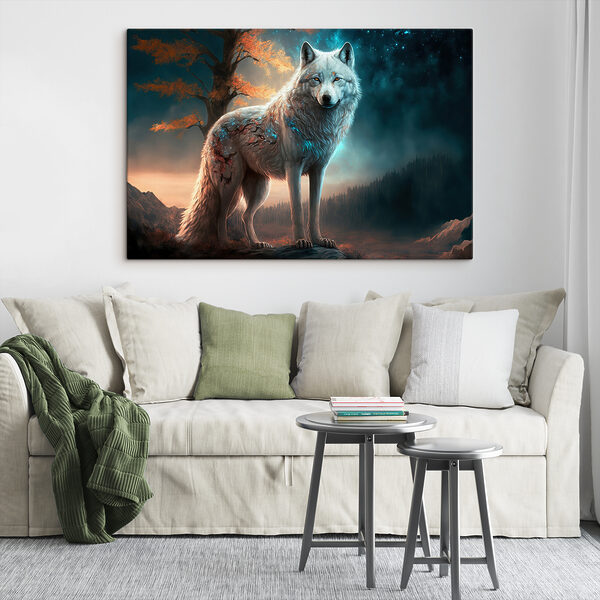 Ein weißer Wolf, der auf einem Felsen steht Ein weißer Wolf, der auf einem Felsen steht