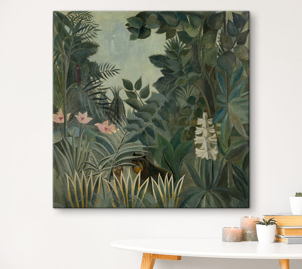 A painting of a jungle with plants and flowers