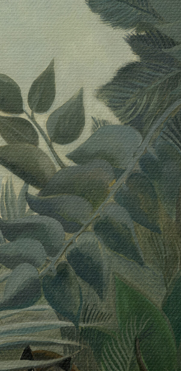 A painting of a jungle with plants and flowers