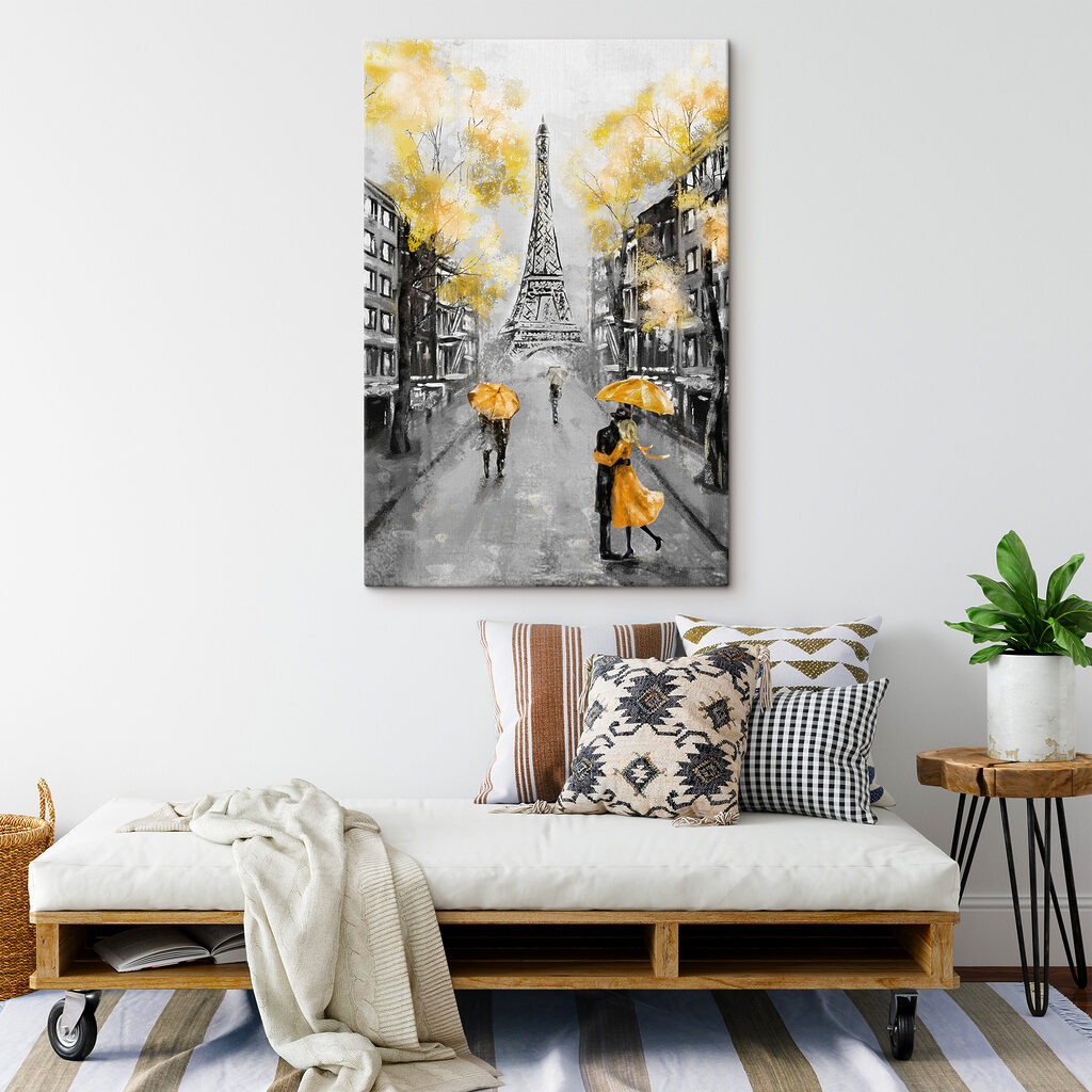 A painting of a street with people walking under an umbrella