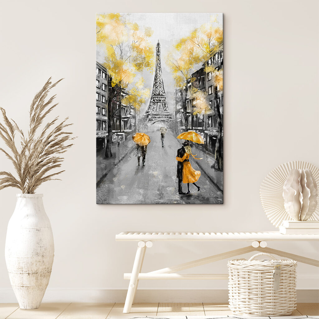 A painting of a street with people walking under an umbrella