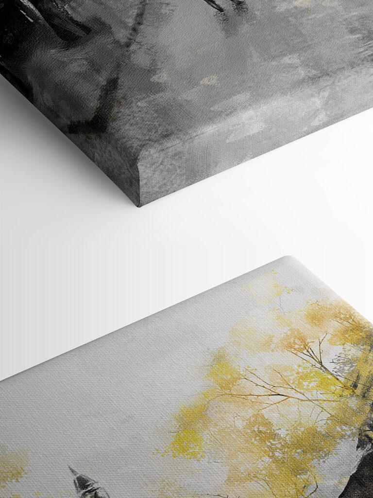 A painting of a street with people walking under an umbrella