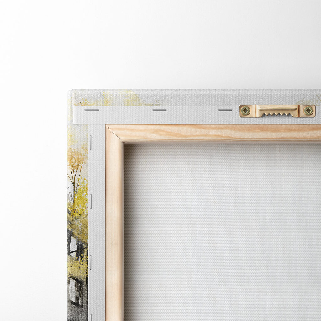 A painting of a street with people walking under an umbrella