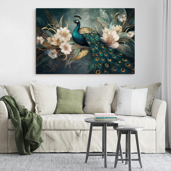 A peacock sitting on a branch with flowers