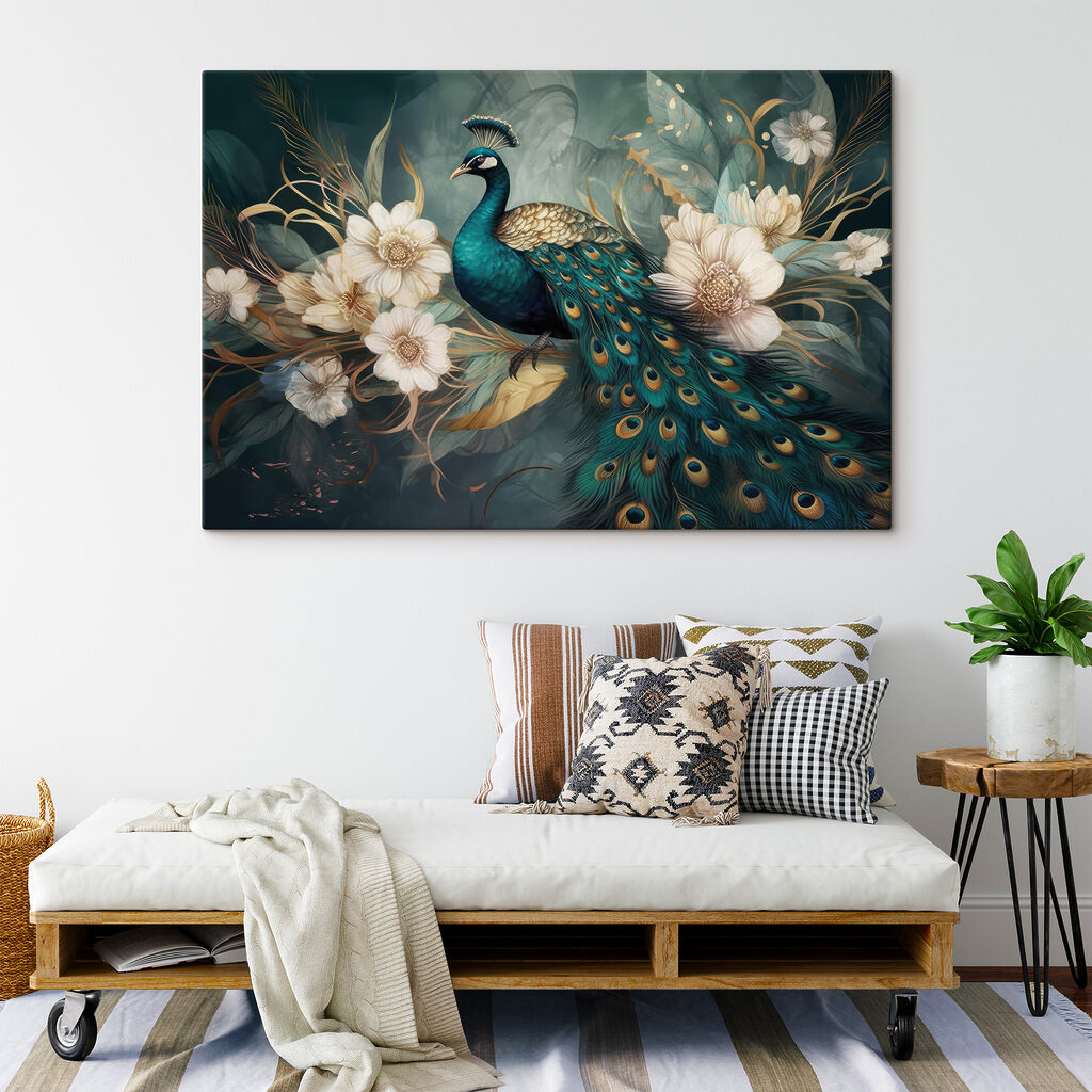 A peacock sitting on a branch with flowers