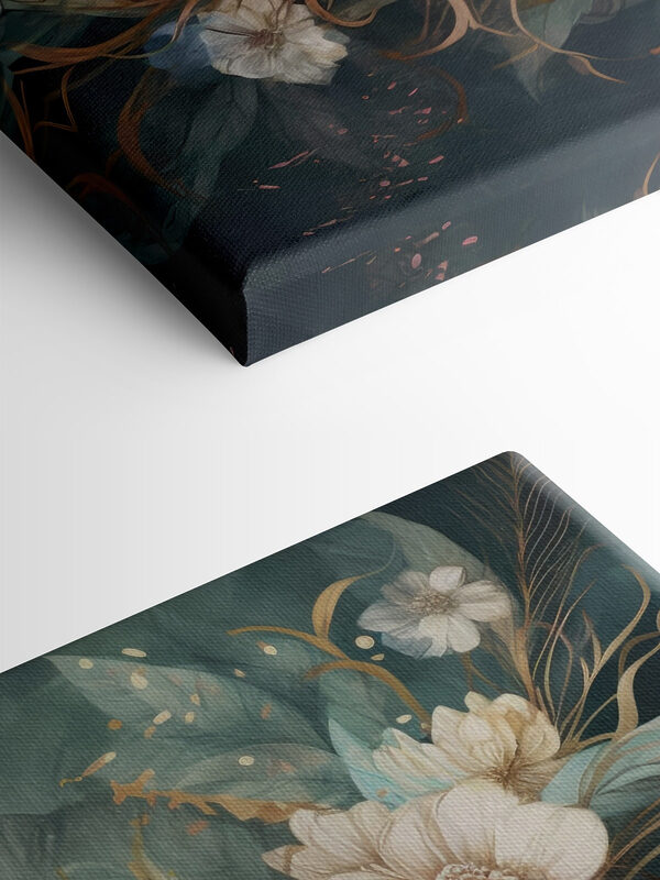 A peacock sitting on a branch with flowers