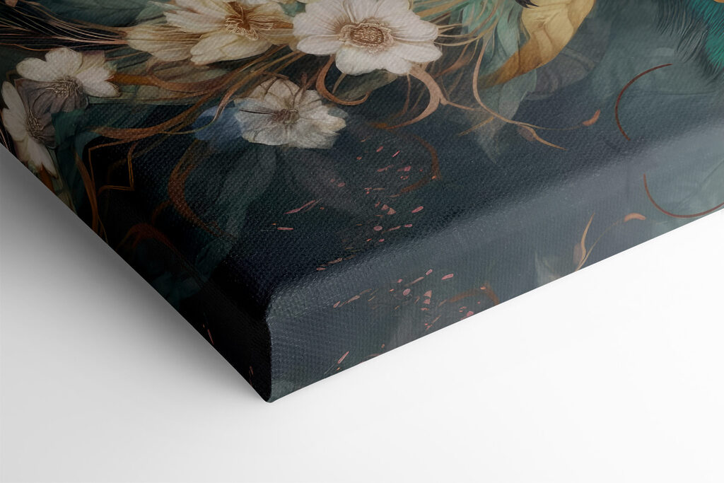 A peacock sitting on a branch with flowers