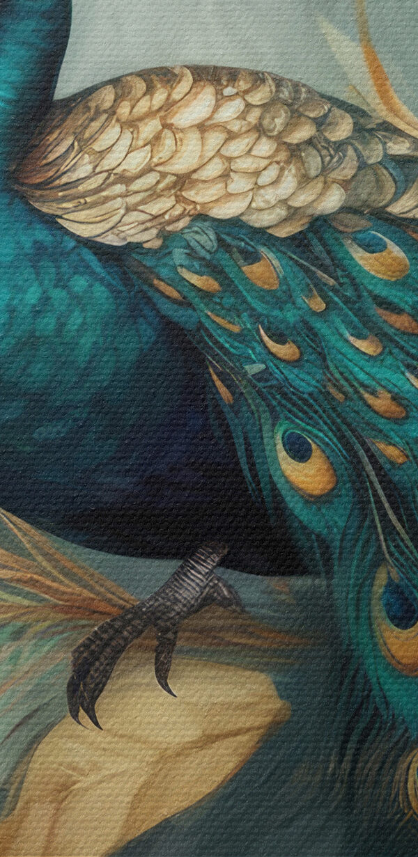 A peacock sitting on a branch with flowers