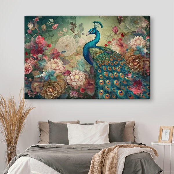 Ein Pfau mit Blumen und Blättern Ein Pfau mit Blumen und Blättern