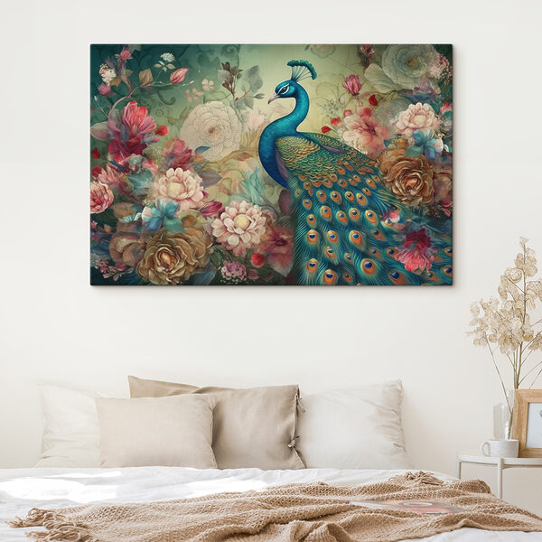 Ein Pfau mit Blumen und Blättern Ein Pfau mit Blumen und Blättern