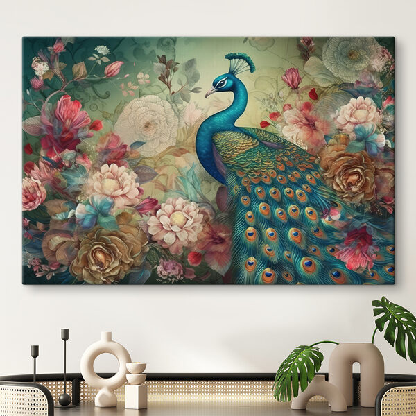 Ein Pfau mit Blumen und Blättern Ein Pfau mit Blumen und Blättern