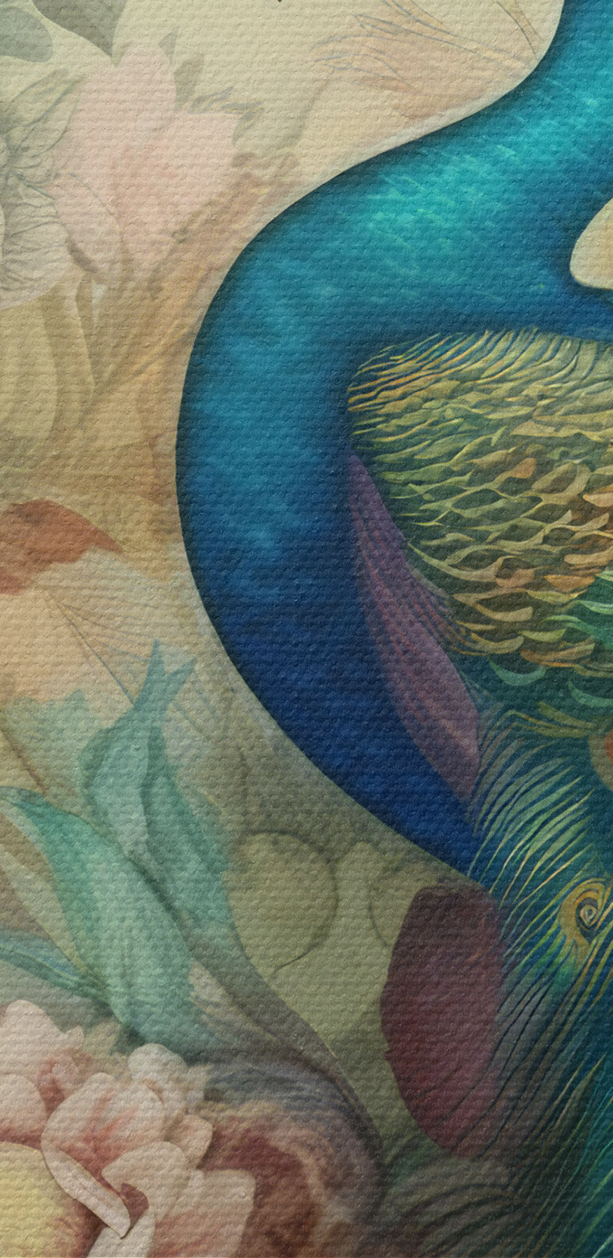Ein Pfau mit Blumen und Blättern