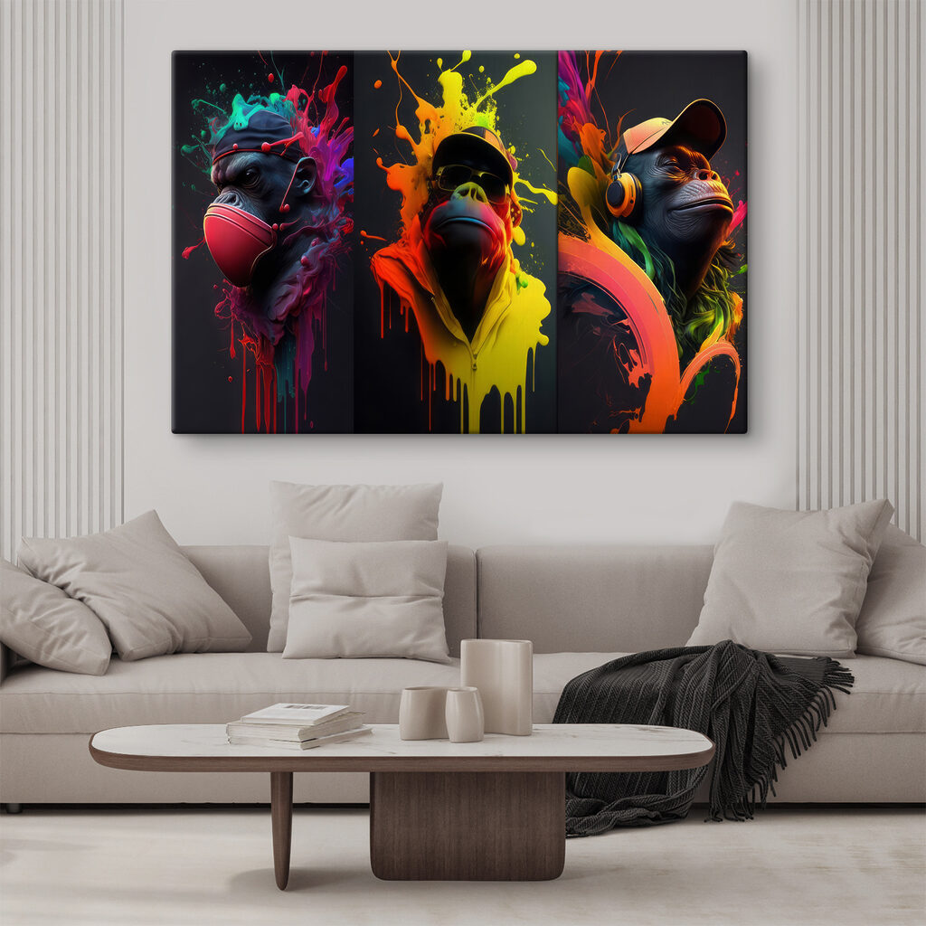 A collage of images of a monkey with colorful paint splashes A collage of images of a monkey with colorful paint splashes