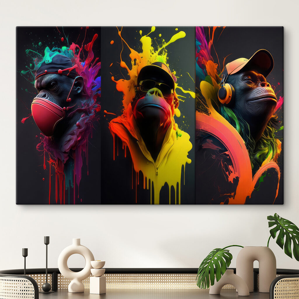 A collage of images of a monkey with colorful paint splashes A collage of images of a monkey with colorful paint splashes