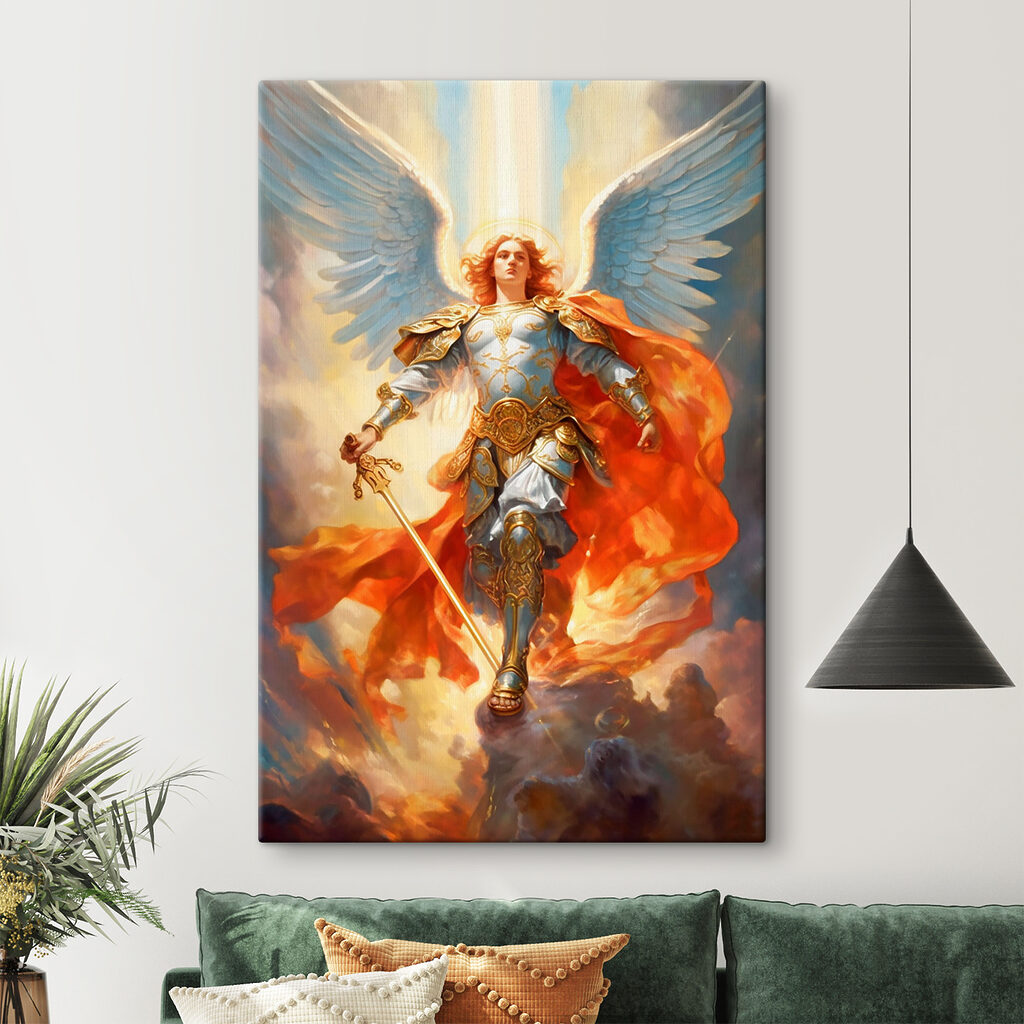 A painting of a person in armor with wings and a sword