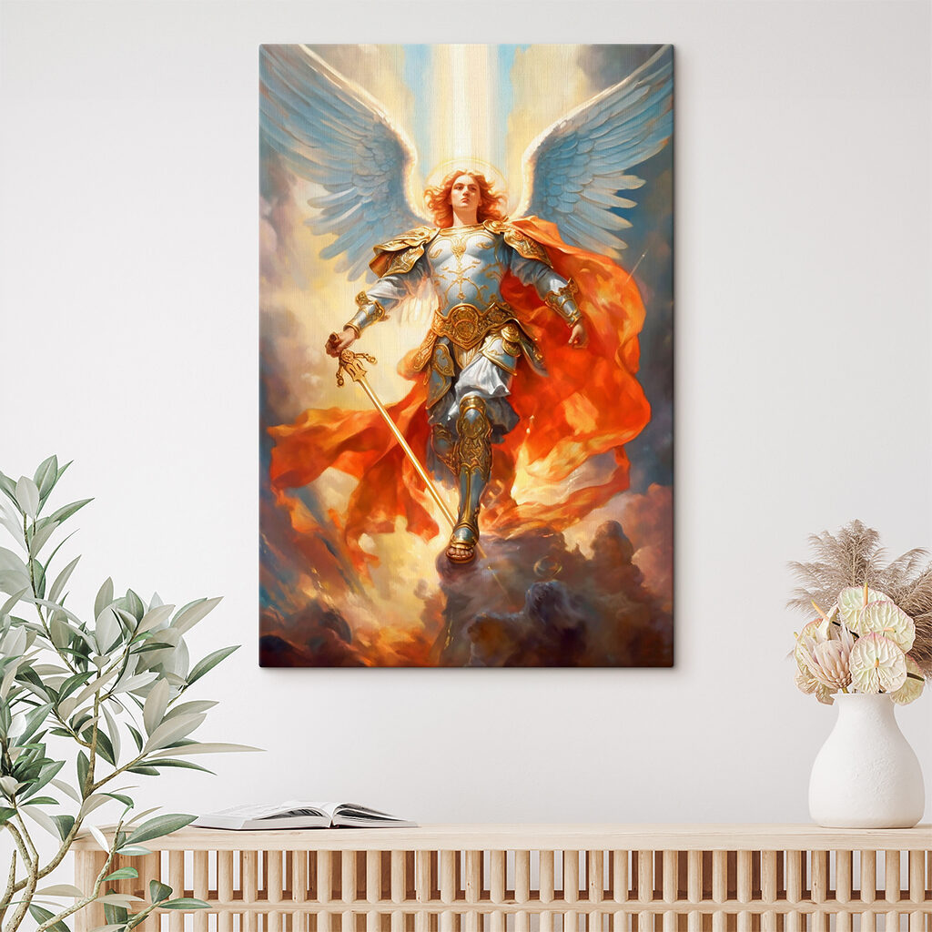 A painting of a person in armor with wings and a sword