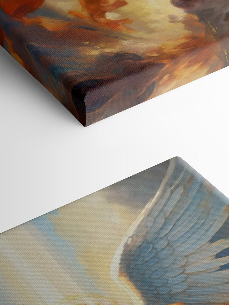 A painting of a person in armor with wings and a sword