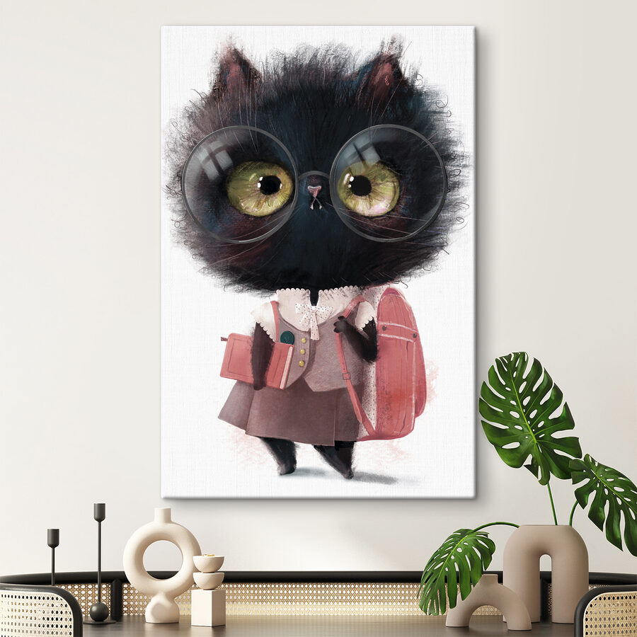 Eine Katze mit Brille und Schuluniform